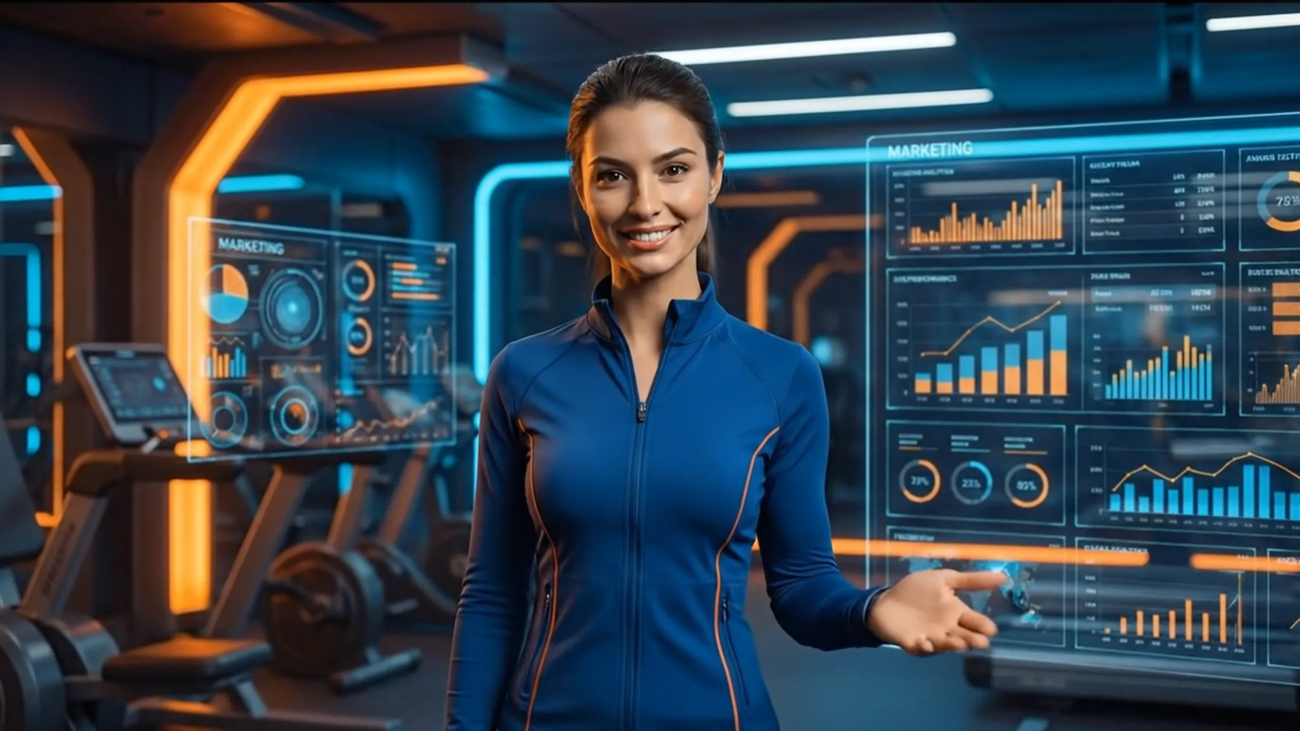 Digitaler Avatar präsentiert ein holografisches Marketing-Dashboard mit Kennzahlen und Diagrammen