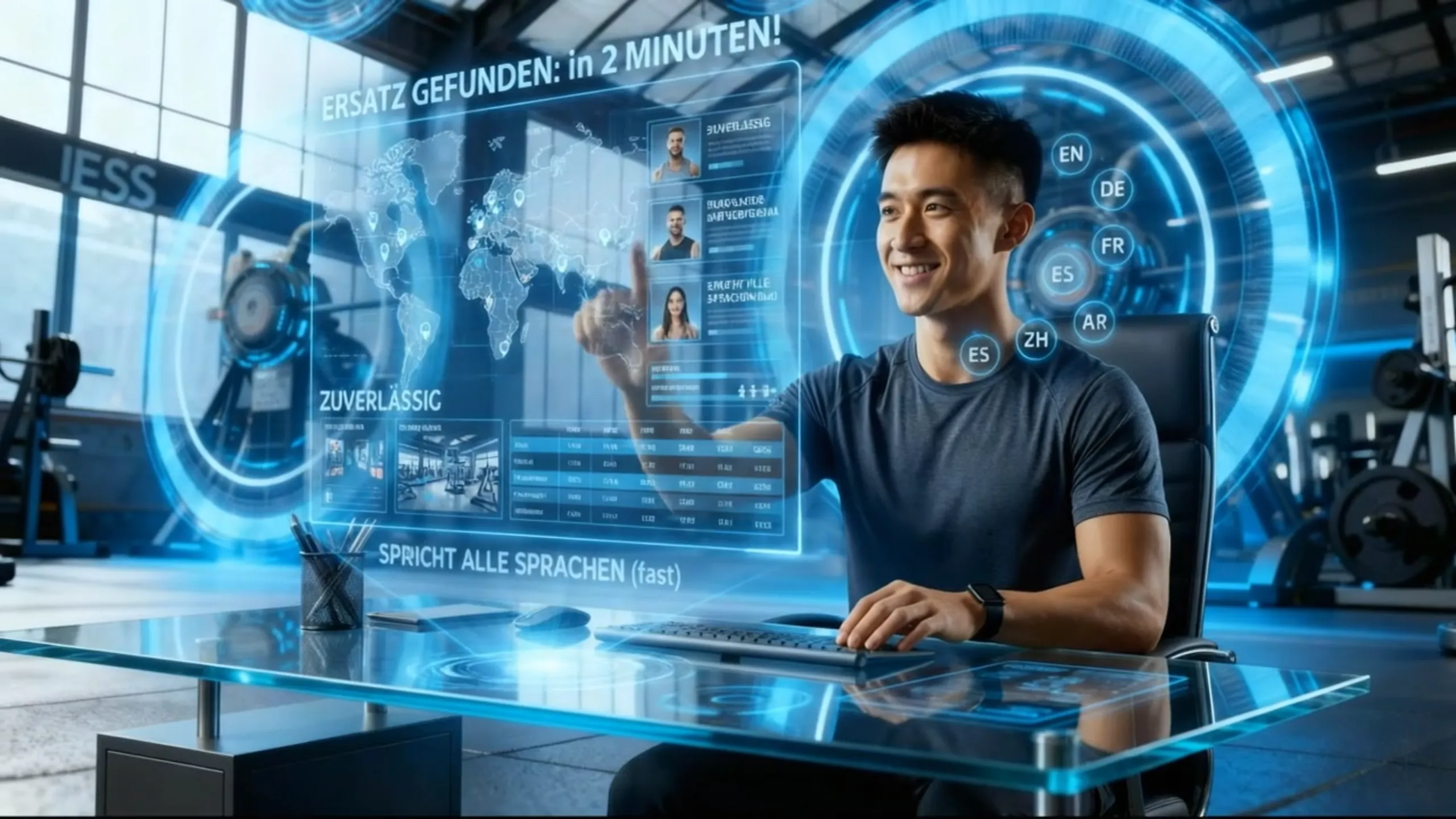 Digitaler Avatar interagiert mit holografischem Interface mit Weltkarte und Sprachoptionen in moderner Umgebung