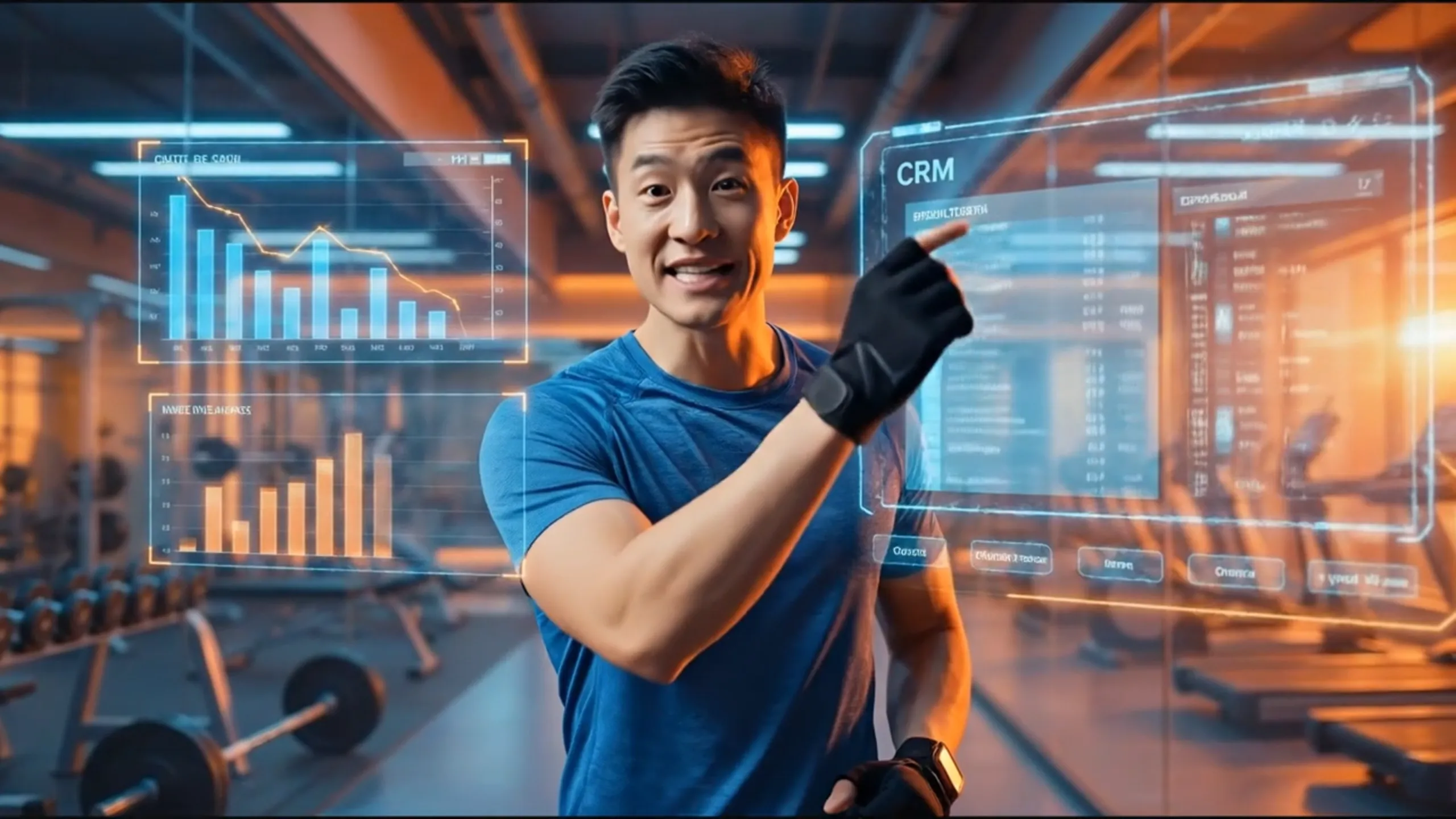 Digitaler Avatar im Fitnessstudio analysiert Gesundheitsdaten und Diagramme auf transparentem Display