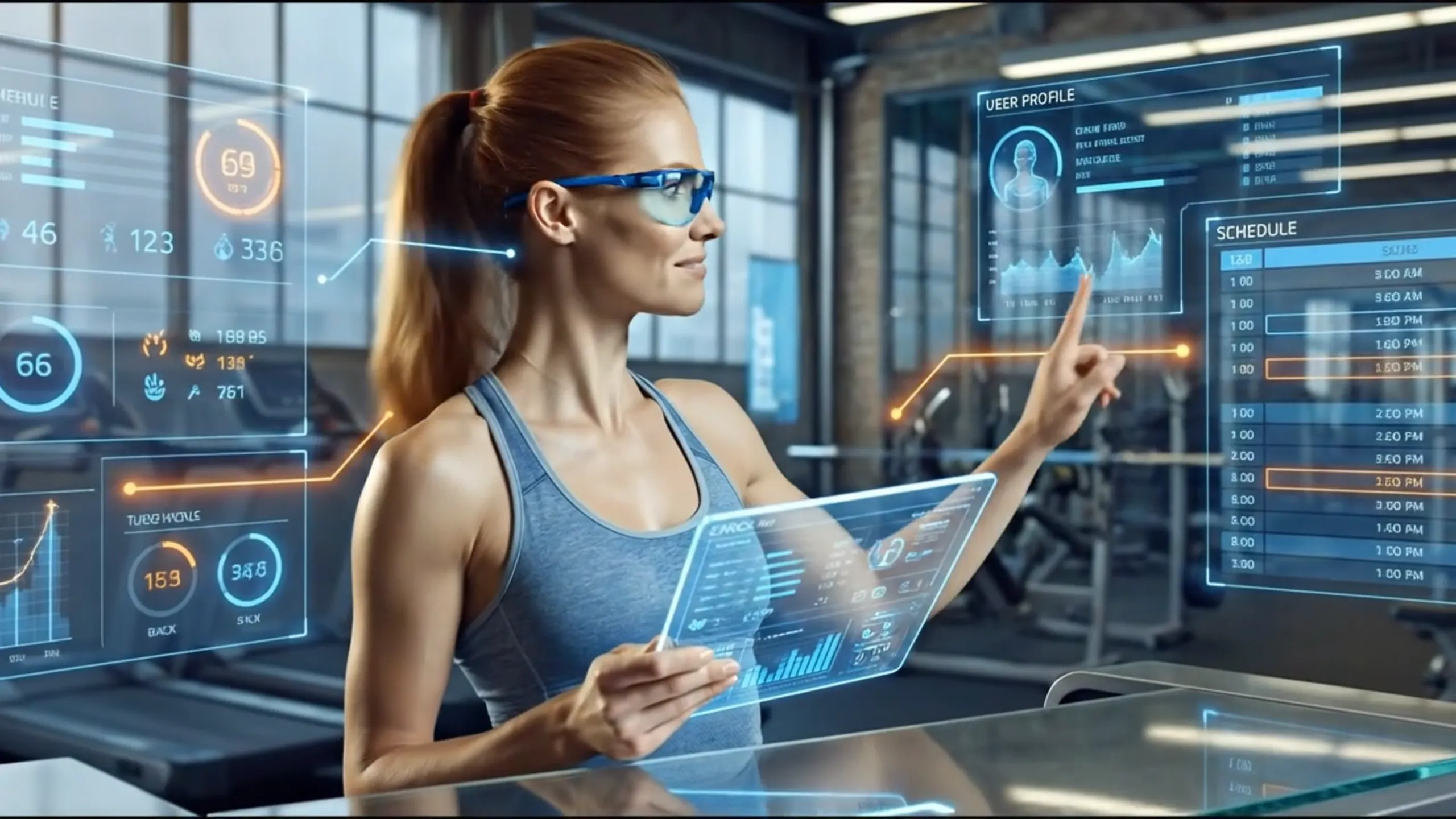 Digitaler Avatar im Fitnessstudio nutzt ein holografisches Interface zur Anzeige von Trainings- und Zeitplänen
