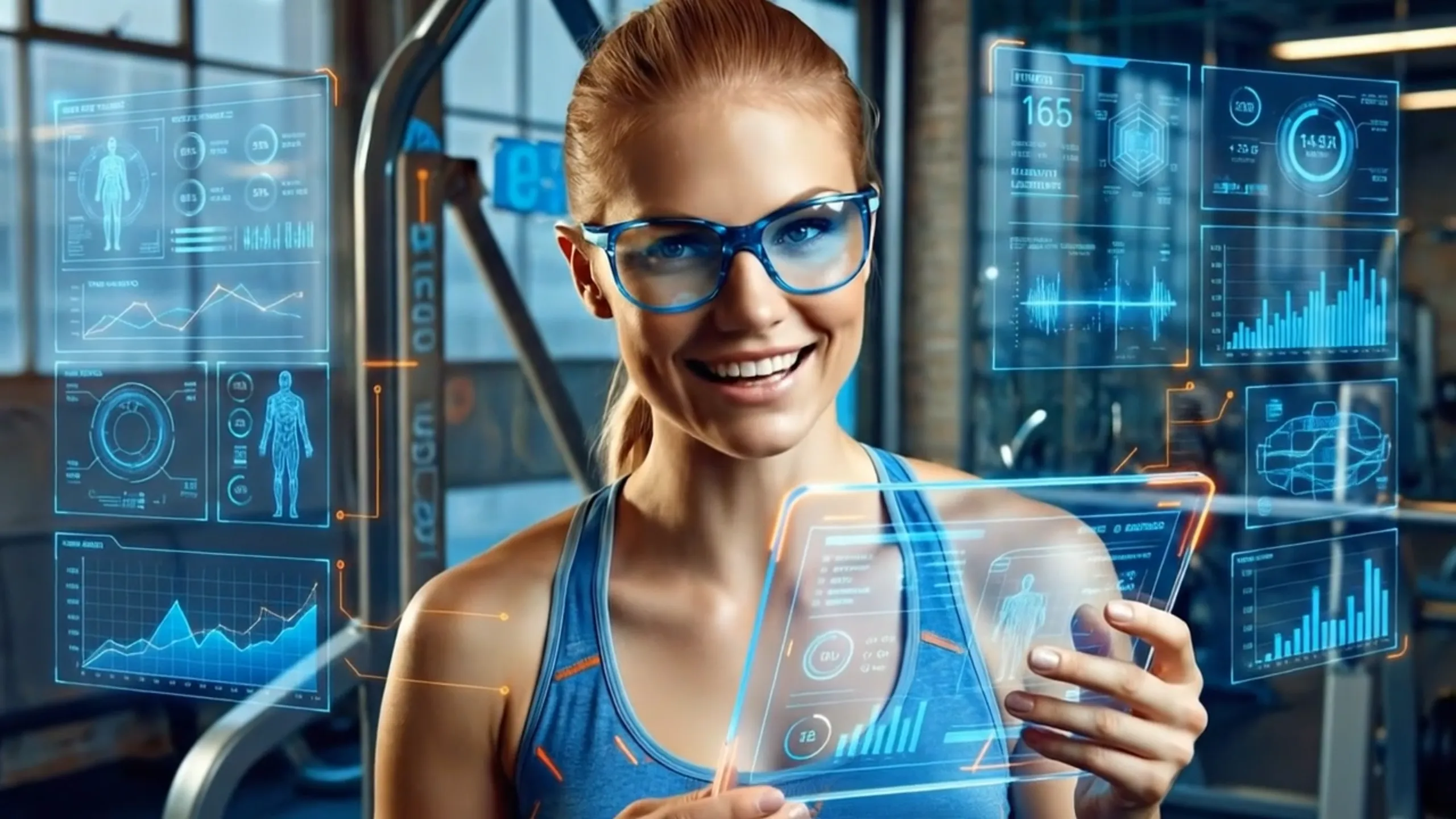 Digitaler Avatar im Fitnessstudio analysiert Gesundheitsdaten und Diagramme auf transparentem Display