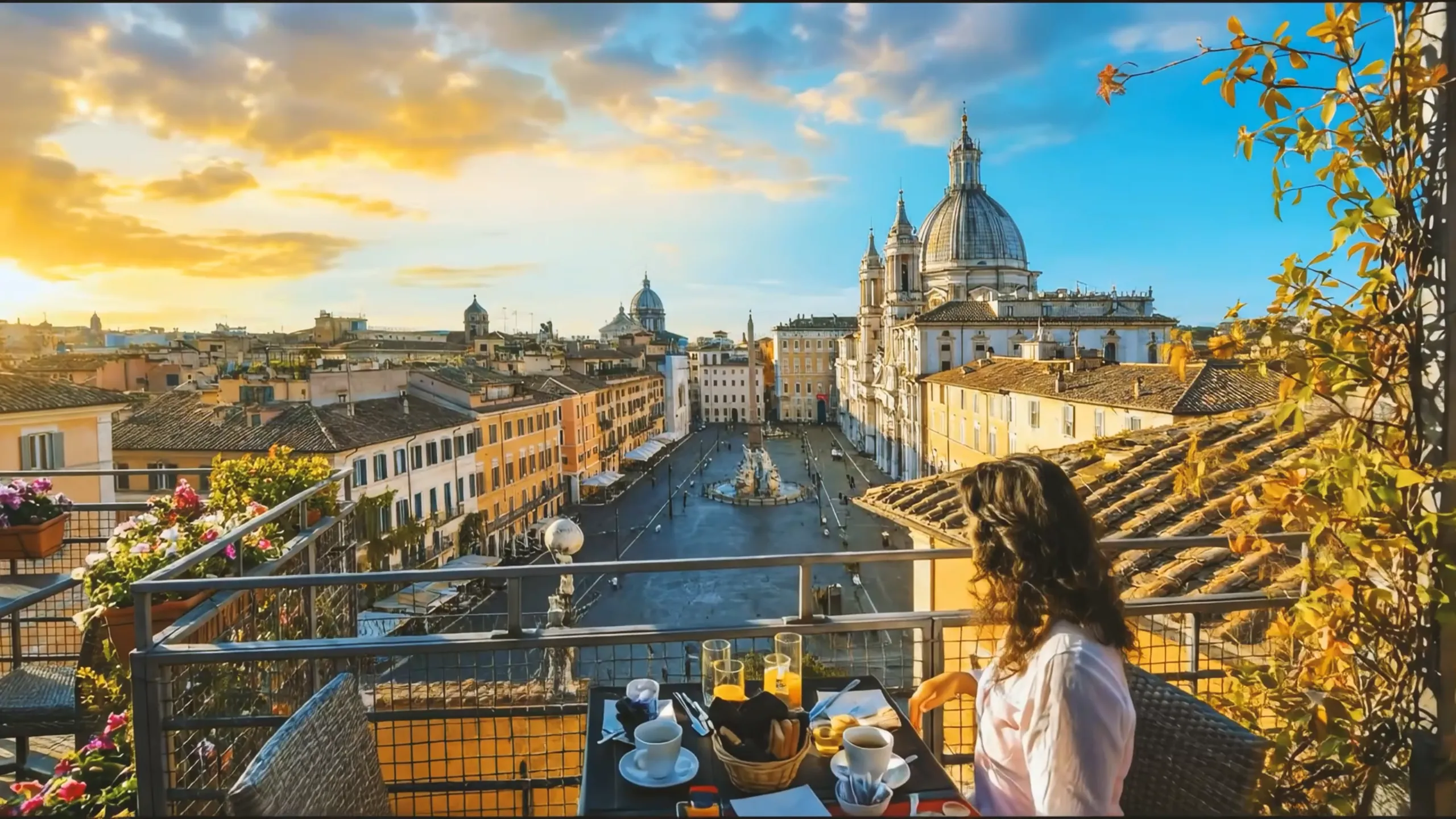 Frau auf einer Terrasse mit Blick über Rom und eine große Kuppelkirche bei Sonnenuntergang