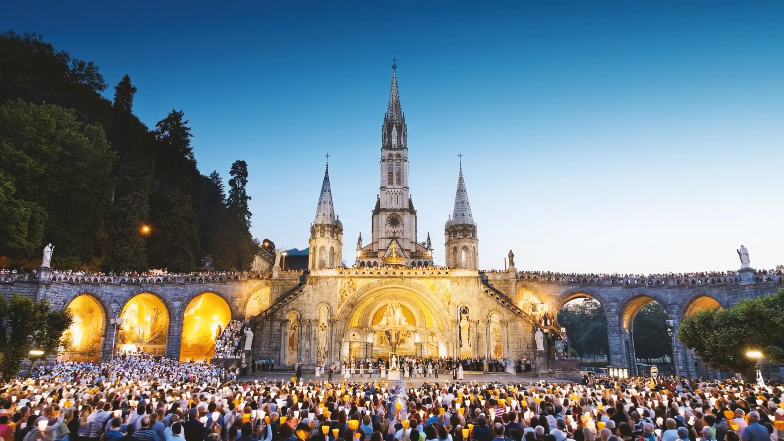 Große Menschenmenge mit Kerzen vor einer beleuchteten Basilika bei einer religiösen Zeremonie