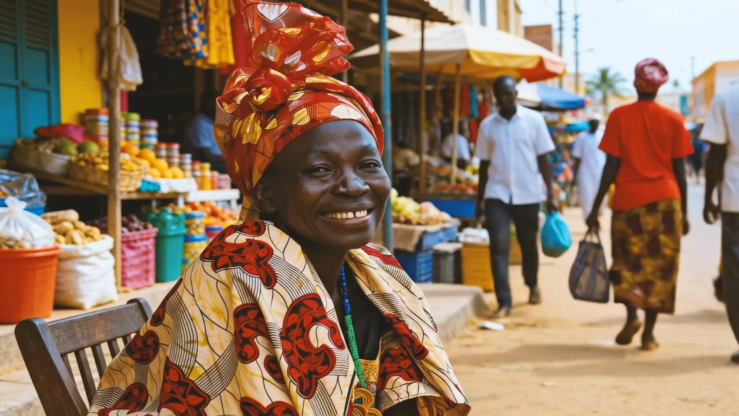 Lächelnde Frau in traditioneller Kleidung auf einem lebendigen Markt mit bunten Ständen