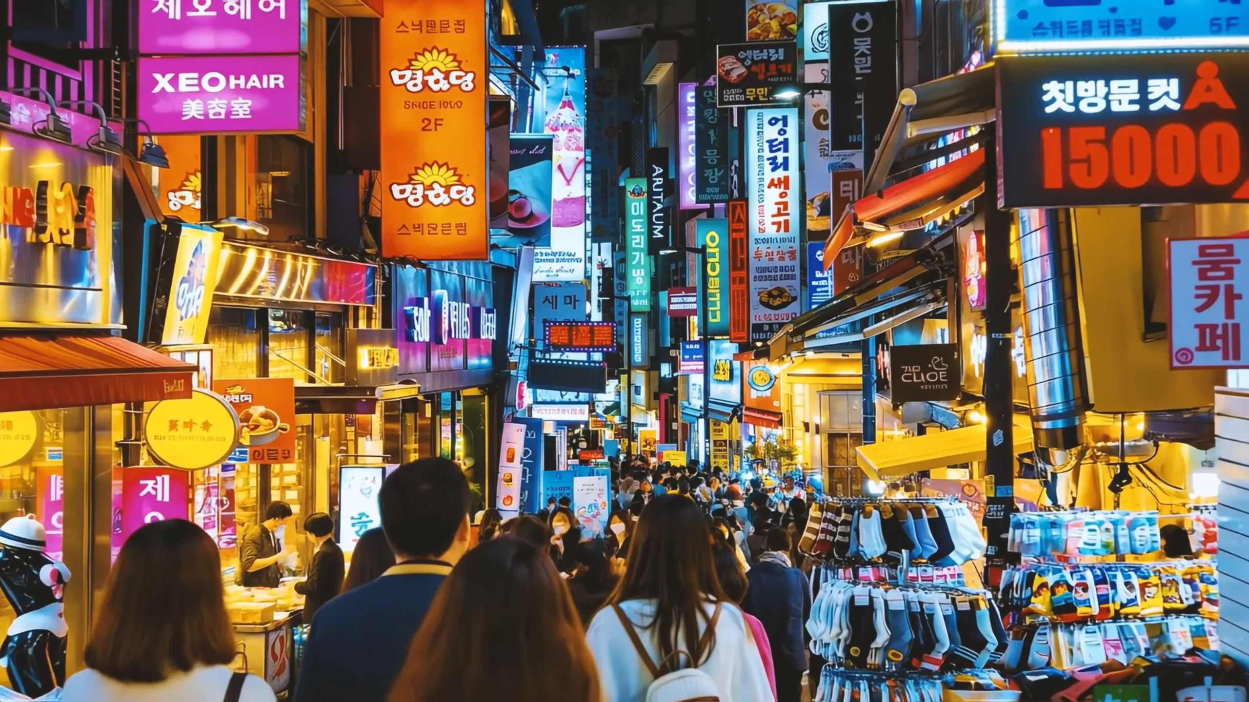 Belebte Straße in Seoul bei Nacht mit bunten Leuchtreklamen und vielen Menschen