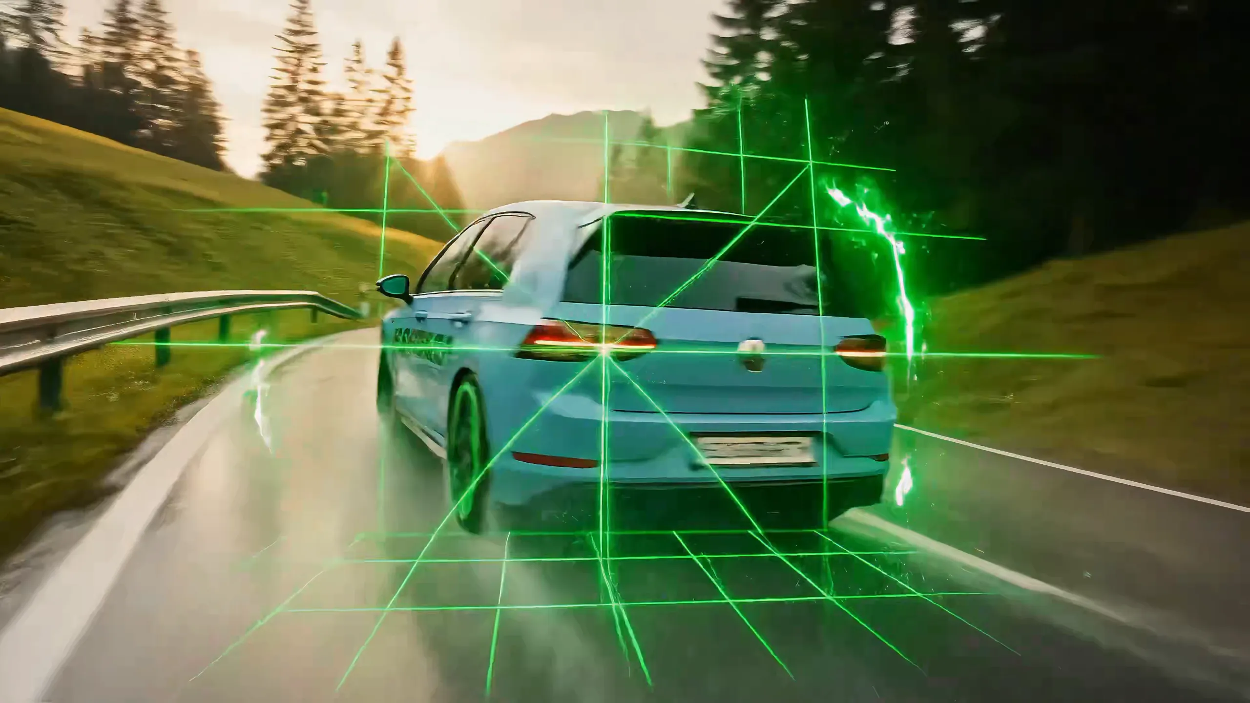 Auto fährt auf einer kurvigen Straße, überlagert von digitalen Linien und Rastergrafiken zur Darstellung technischer Analyse