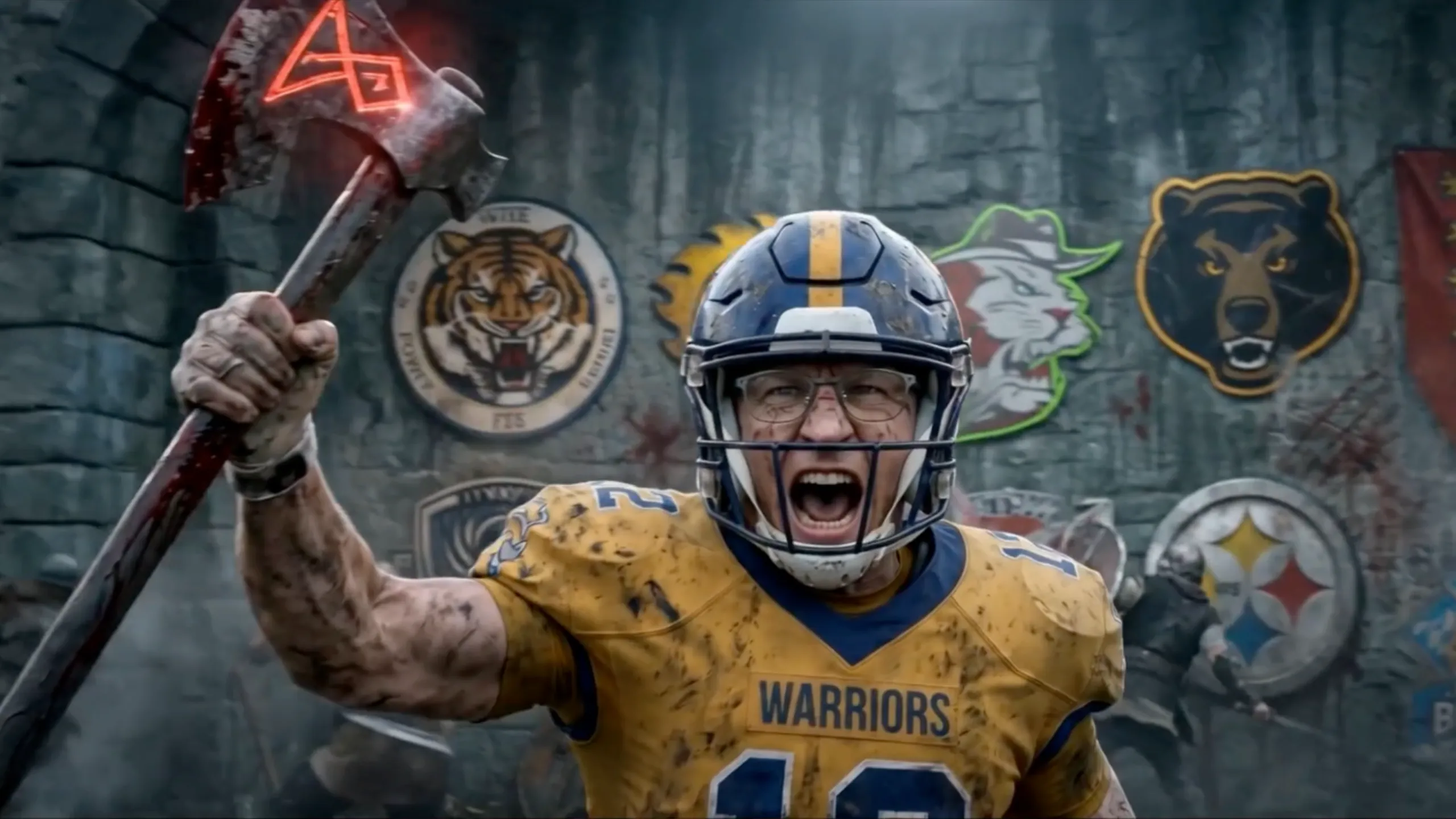 Football-Spieler im verschmutzten Warriors-Trikot schreit kämpferisch in die Kamera und hält eine große Axt mit leuchtendem Symbol hoch.
